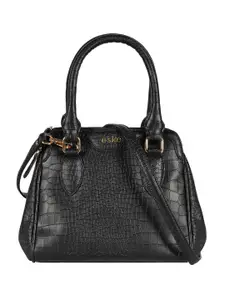 eske Women Black Printed Structured Dual Compartments Adjustable Strap Leather Handbag