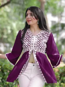 KALINI Ethnic Motifs Embroidered V-Neck Chikankari Chikankari Kurti