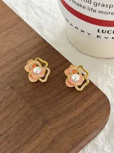KRENOZ Gold-Plated Artificial Stones & Pearls Studded Floral Studs Earrings