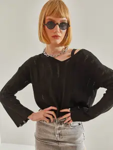 BIANCO LUCCI Women Self Design Extended Sleeves Boxy Top