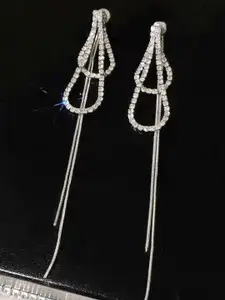 KRENOZ Silver-Plated Rhinestone Studded Teardrop Shaped Tasselled Drop Earrings