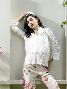 Athena Women Relaxed Fit Textured Spread Collar Cotton Casual Shirt