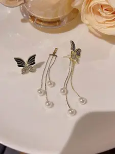 Celestique Cubic Zirconia Studded & Pearls Beaded Animal Shaped Korean Drop Earrings