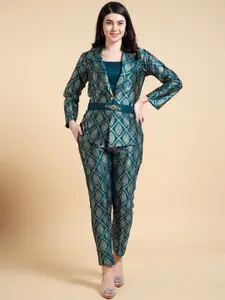 Krimmple Printed Shawl Neck Top & Trousers With Jacket Co-Ords