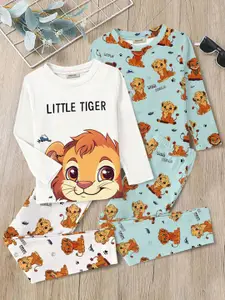 INCLUD Boys Pack Of 2 Tiger Printed Short Sleeves T-shirt With Trousers
