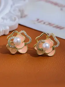 KRENOZ Gold-Plated Artificial Stones & Pearls Studded Floral Studs Earrings