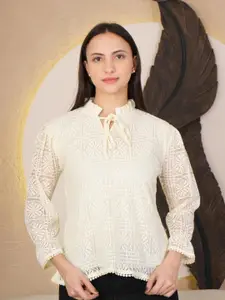 69 FASHION STREET Women Self Design Tie-up Neck Puff Sleeves Net Top