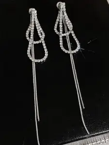 KRENOZ Silver-Plated Rhinestone Studded Teardrop Shaped Tasselled Drop Earrings
