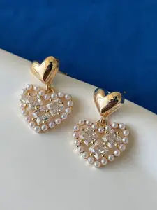 KRENOZ Gold-Plated Crystal & Pearls Studded Heart Shaped Drop Earrings