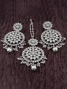 Peora Silver-Plated Kundan-Studded & Beaded Earrings With Maangtikka
