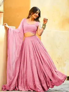 FABPIXEL Embroidered Sequinned Semi-Stitched Lehenga & Unstitched Blouse With Dupatta