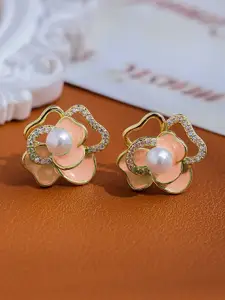 VAGHBHATT Gold-Plated Pearls Studded Floral Shaped Studs
