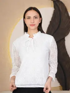 69 FASHION STREET White Tie-up Neck Bishop Sleeves Top