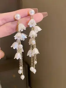Celestique Pearls Beaded Floral Shaped Korean Drop Earrings