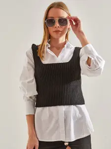 BIANCO LUCCI Women Self Design Shirt Collar Top