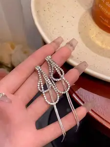 KRENOZ Silver-Plated Rhinestone Studded Teardrop Shaped Tasselled Drop Earrings