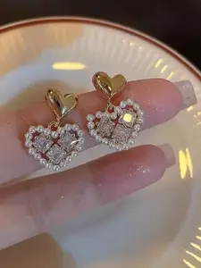 KRENOZ Gold-Plated Crystals Stones Studded Heart Shaped Drop Earrings