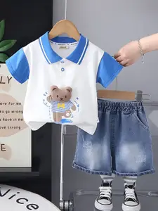 INCLUD Boys Bear Printed Polo Collar T-shirt with Shorts