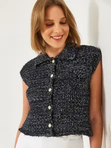 BIANCO LUCCI Self Design Extended Sleeves Shirt Style Crop Top