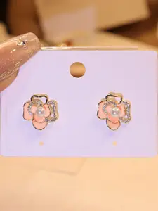 KRENOZ Gold-Plated Artificial Stones & Pearls Studded Floral Studs Earrings