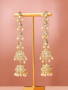 Rubans 18K Gold-Plated White Kundan & Cream Pearl Beaded Long Jhumka Earring Extensions