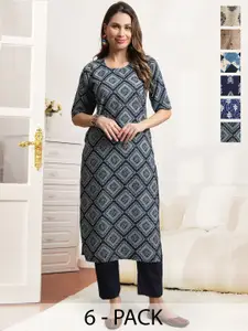7Threads Women Pack Of 6 Ethnic Motifs Printed Floral Crepe Kurta