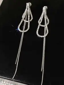 VAGHBHATT Silver-Plated Rhinestone Studded Teardrop Shaped Drop Earrings