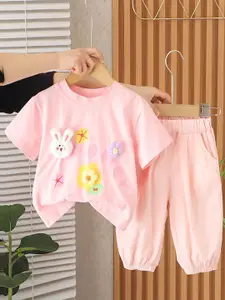 INCLUD Girls Bunny Applique Round Neck T-shirt With Trousers