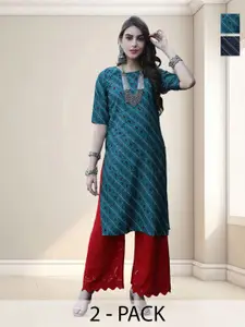 Anouk Rustic Selection Of 2 Ethnic Motifs Printed Round Neck Straight Kurtas
