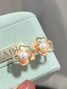 KRENOZ Gold-Plated Pearls Studded Floral Shaped Studs