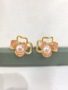 KRENOZ Gold-Plated Pearls Beaded Floral Studs