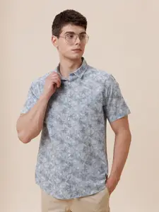 Crocodile Floral Printed Spread Collar Short Sleeves Cotton Shirt