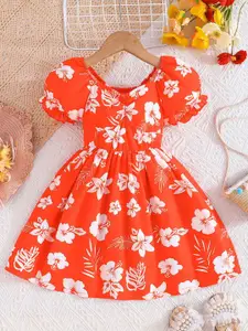 INCLUD Women Cotton Floral Printed Puff Sleeve Fit & Flare Dress