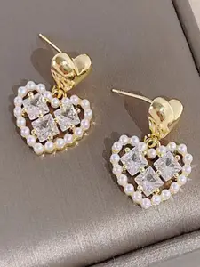 VAGHBHATT Gold-Plated Pearls Studded Heart Shaped Drop Earrings