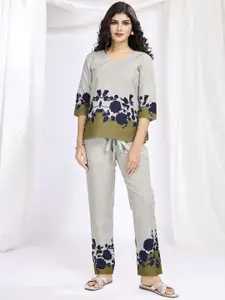 Krimmple Floral Printed Round Neck Top & Trousers With Belt Co-Ords