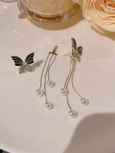 Celestique Cubic Zirconia Studded & Pearls Beaded Animal Shaped Korean Drop Earrings