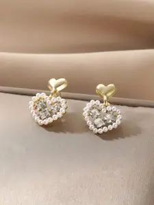 VAGHBHATT Gold-Plated Crystals Studded Heart Shaped Drop Earrings
