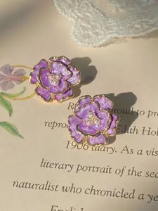 KRENOZ Gold-Plated Artificial Stones & Pearls Studded Floral Studs Earrings