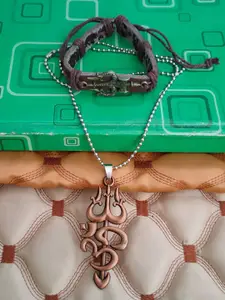 M Men Style Stainless Steel Gold-Plated Contemporary Pendant With Bracelet