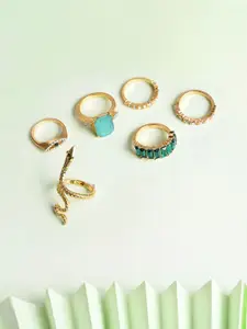 DressBerry Set Of 6 Gold Plated Designer Stone Studded Finger Rings