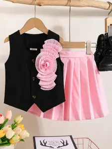 INCLUD Girls Self Design V-Neck Waistcoat With Skirt