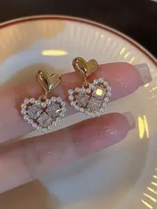 VAGHBHATT Gold-Plated Crystals Studded Heart Shaped Drop Earrings