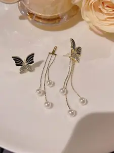 Celestique Cubic Zirconia Studded & Pearls Beaded Animal Shaped Korean Drop Earrings