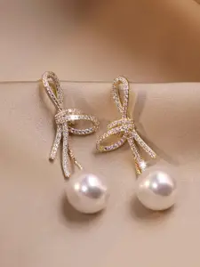 KRENOZ Gold-Plated Cubic Zirconia Studded & Pearls Beaded Bow Shaped Drop Earrings