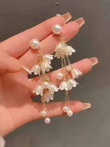 Celestique Pearls Beaded Floral Shaped Korean Drop Earrings