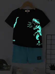 INCLUD Boys Glow in The Dark Dinosaur Printed Short Sleeves T-shirt With Shorts