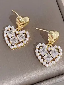 KRENOZ Gold-Plated Crystal & Pearls Studded Heart Shaped Drop Earrings