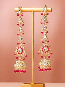 Rubans 18K Gold-Plated Ruby Red Beaded & White Kundan Studed Long Jhumka Earring Extension