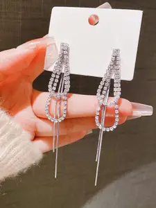 KRENOZ Silver-Plated Rhinestone Studded Teardrop Shaped Tasselled Drop Earrings