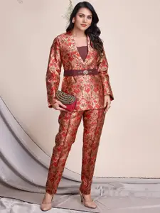 Krimmple Woven Design Shawl Neck Top & Trousers With Jacket Co-Ords